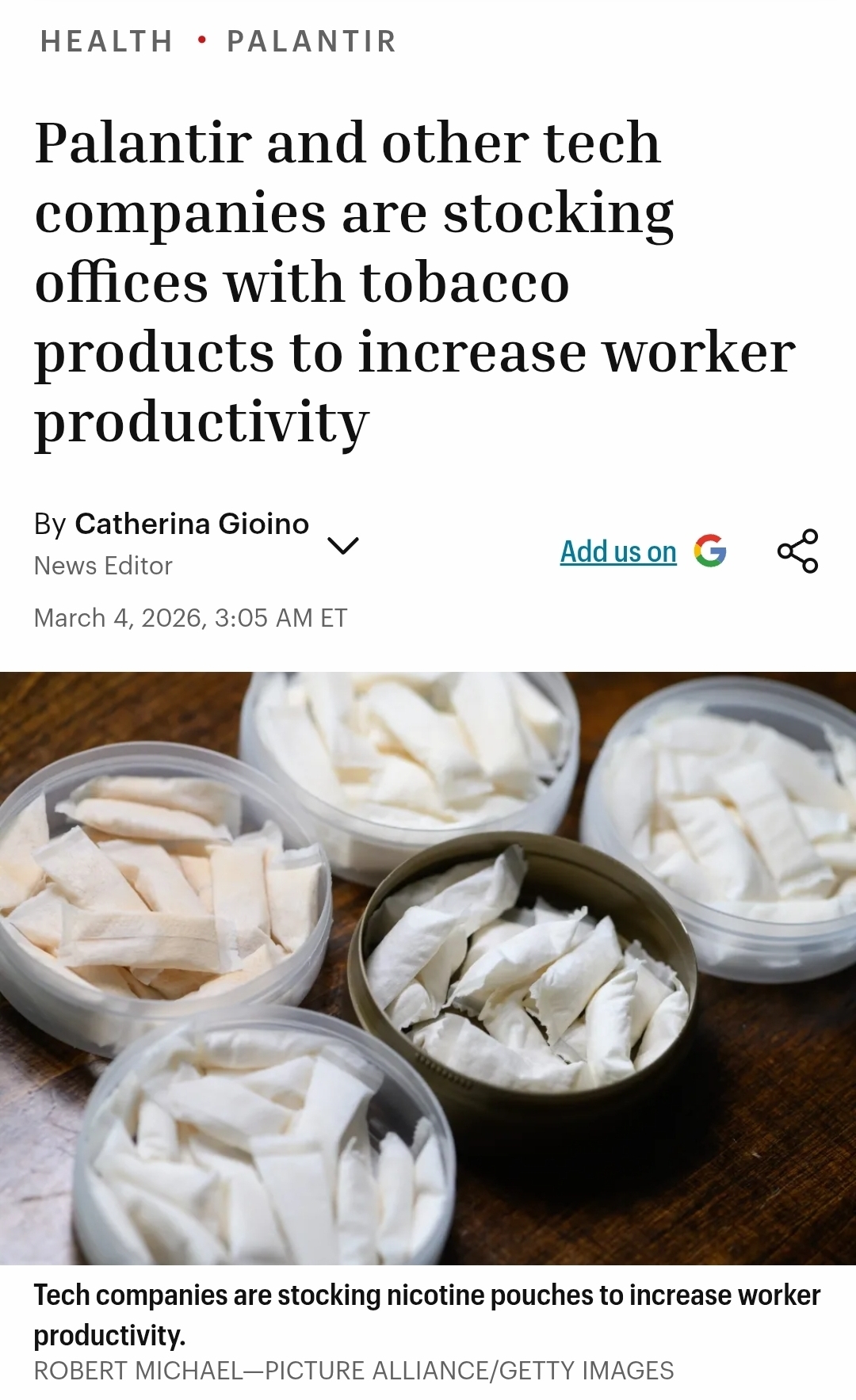 Screenshot of news article reading "Palantir and other tech companies are stocking offices with tobacco products to increase worker productivity"