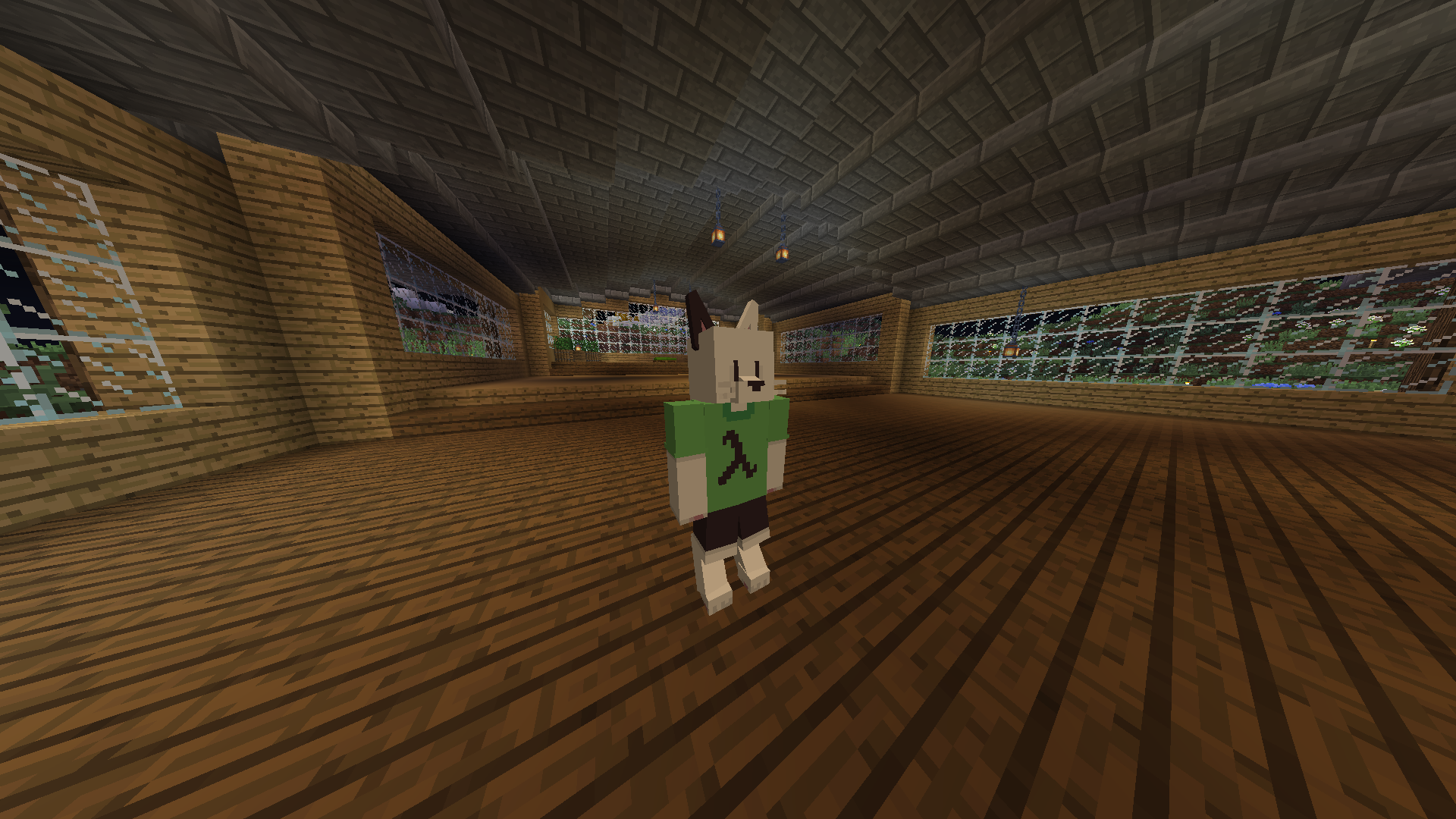 Screenshot of a fully customized furry Minecraft character in a large wooden house with a stone brick ceiling.