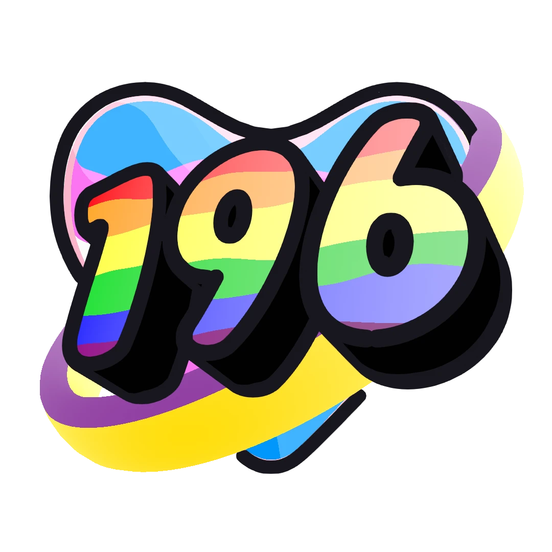 art piece with 196 text with gay pride flag colors. with a trans flag colored heart in the background surrounded by an intersex flag colored ring