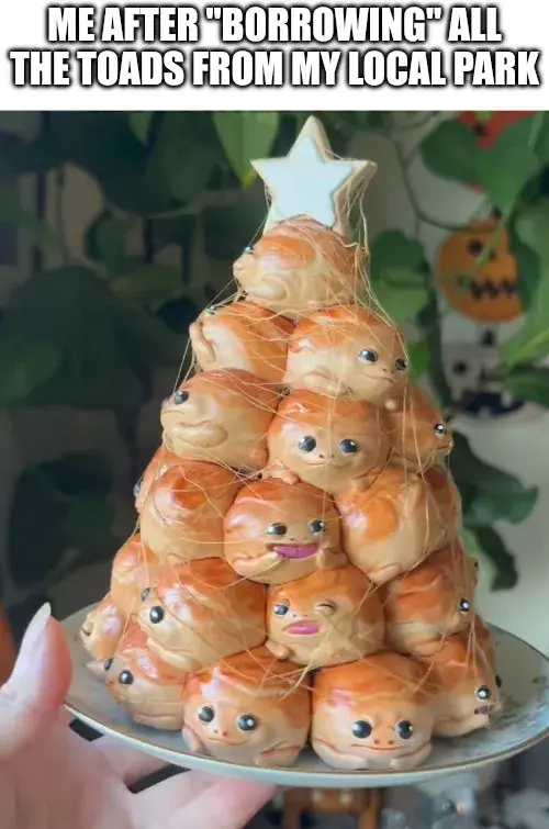 An image of a hand holding a sculpture made from a pile of crispy-looking toads stacked on top of each other. A star sits on top of the toad tower. The caption says "Me after 'borrowing' all the toads from my local park"