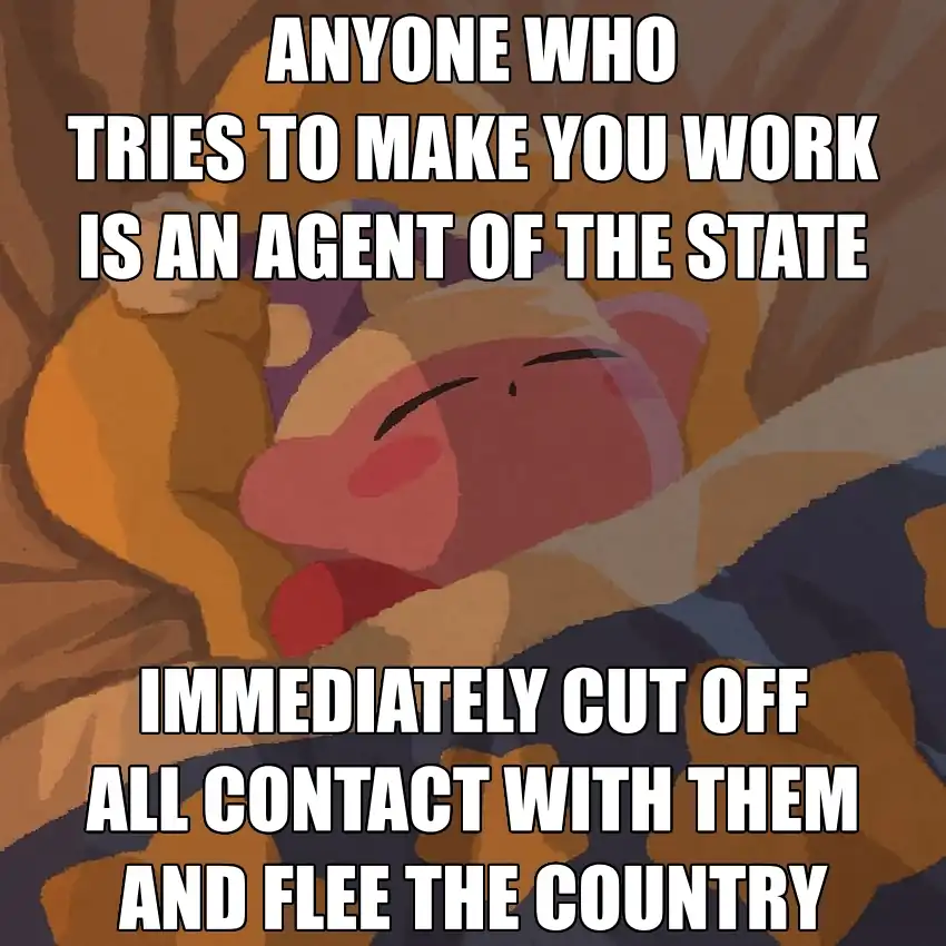a drawing of kirby sleeping on a star-shaped pillow in a bed wearing a nightcap. upper text says "Anyone who tries to make you work is an agent of the state". lower text says "Immediately cut off all contact with them and flee the country".