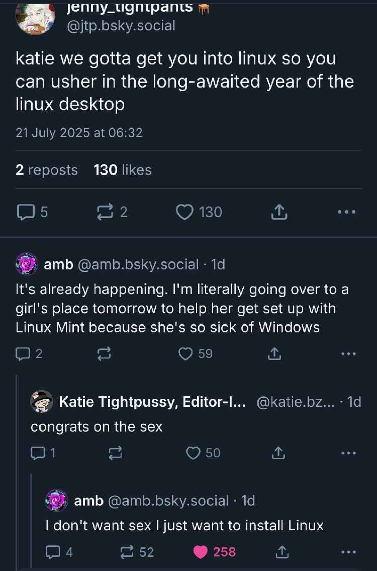 Bluesky thread. @jtp.bsky.social: "Katie we've gotta get you into Linux so you can usher in the long awaited year of the Linux desktop". @amb.bsky.social: "It's already happening. I'm literally going to a girl's place tomorrow to help her get set up with Linux Mint because she's so sick of Windows". @katie.bzky.team‬: "Congrats on the sex". @amb: "I don't care about sex I just want to install Linux".