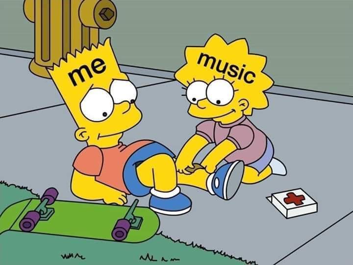 Lisa Simpson bandaging Bart meme. Bart is labeled Me. Lisa is labeled Music