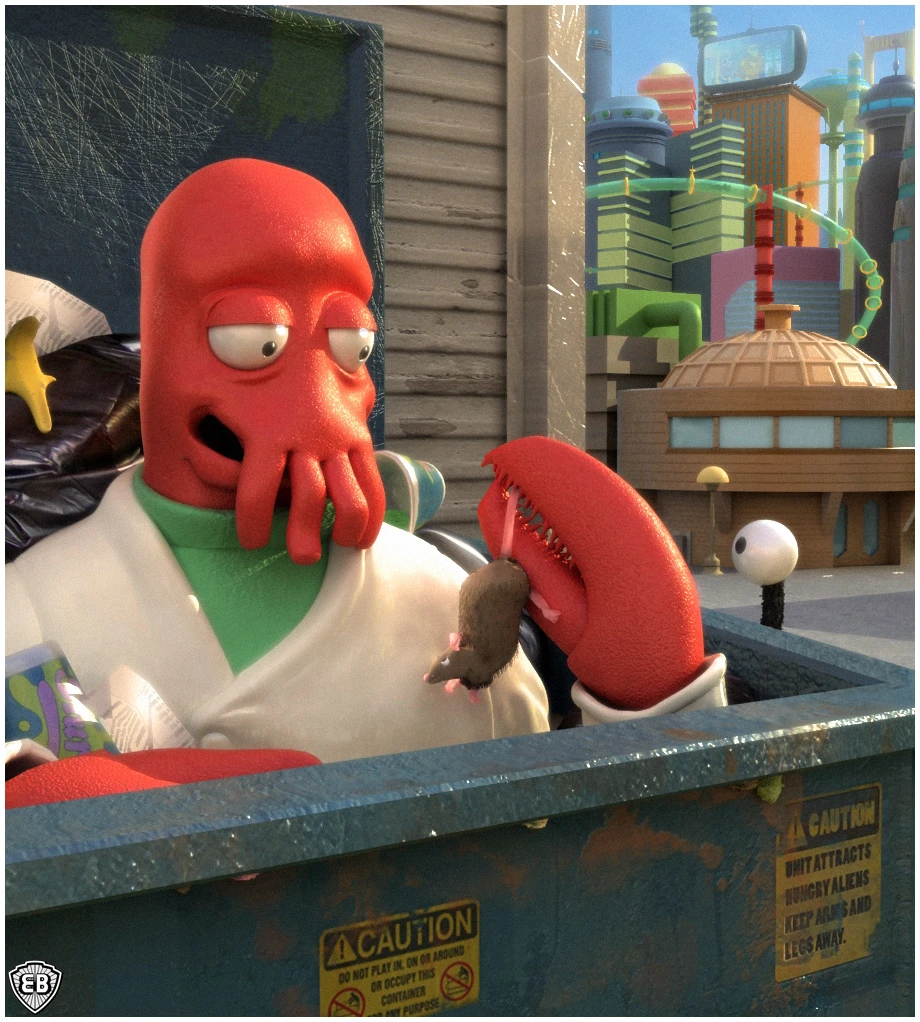 A very strange looking 3d render of Dr. Zoidberg from futurama in a dumpster.