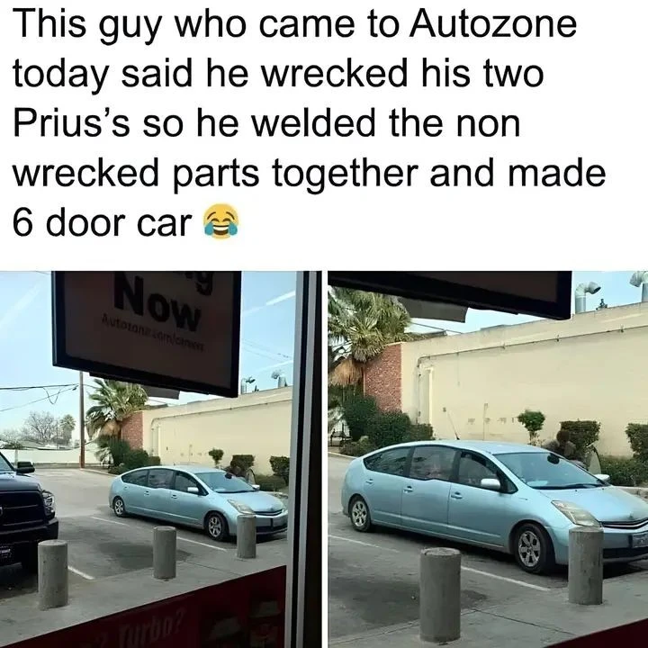Top Text: This guy who came to Autozone today said he wrecked his two Prius's so he welded the non wrecked parts together and made 6 door car. 
Image:Showing a light blue prius which has another prius' rear welded in