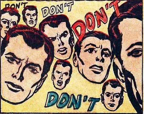 Many faces in various states of concern, upset, shock, and disgust. Mixed in repeatedly with them is the word "DON'T"