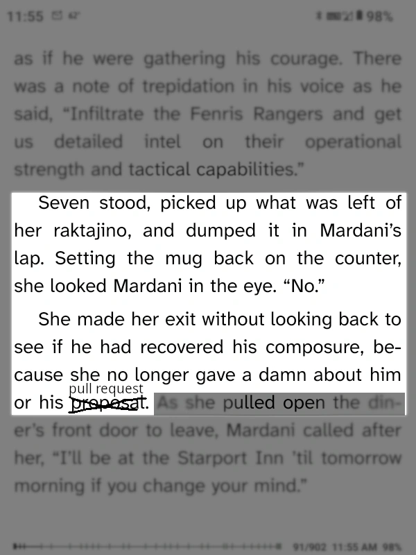 A highlighted excerpt from "Star Trek Picard: Firewall".  Excerpt reads: "Seven stood, picked up what was left of her raktajino, and dumpted it in Mardani's lap. Setting the mug back on the counter, she looked Mardani in the eye. 'No'.  She made her exit without looking back to see if he had recovered his composure because she no longer gave a damn about him or his pull request."